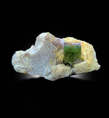 TERMINATED BICOLOUR TOURMALINE CRYSTAL WITH PINK LEPIDOLITE, ALBITE AND FELDSPAR FROM PAPROK, 88 GRAM