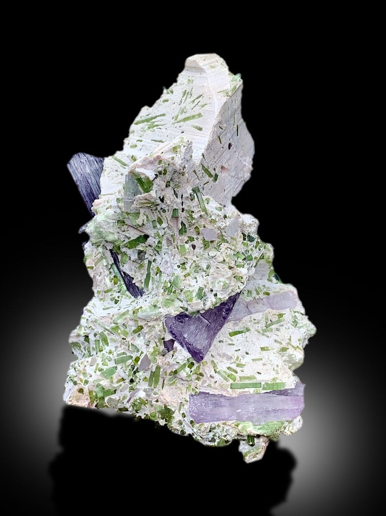 Pink Kunzite With Green Tourmline Crystals Cluster on Matrix Mineral Specimen From Afghanistan - 354 gram