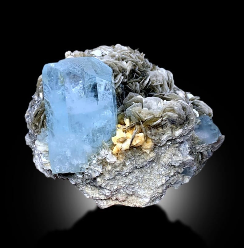 Blue Aquamarines With Muscovite Mica Mineral Specimen From Nagar Pakistan - 640 gram