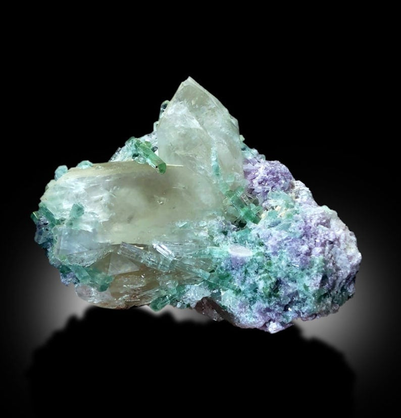 Green Tourmalines With Pink Lepidolite and Quartz Mineral Specimen From Afghanistan - 524 gram