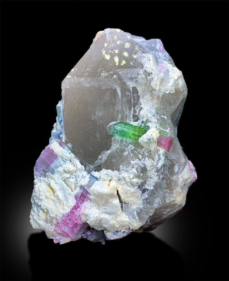 Bicolor Tourmaline Crystals on Quartz, Tourmaline Specimen, Paprok Tourmaline, Tourmaline for sale, Tourmaline with Quartz Crystal, 715 gram