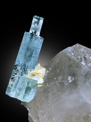 Stepwise Terminated Blue Aquamarine Crystal on Quartz Mineral Specimen From Shigar Valley Skardu Pakistan - 506 gram