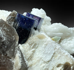 Blue Cap Tourmaline Crystals with Herderite , Albite , Smoky Quartz and Feldspar Specimen from Paproke Afghanistan - 808 g, 110*80*70 mm