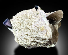 Blue Cap Tourmaline Crystals with Herderite, Lepidolite Albite Smoky Quartz Specimen from Paprok, 400 g, 128*100 mm