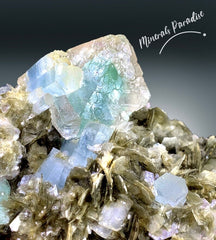 Bi-color Fluorite Specimen with Aquamarine Crystals and Muscovite Mica, Fluorite Specimen, Aquamarine Specimen from Chumar Bakhoor - 367 g
