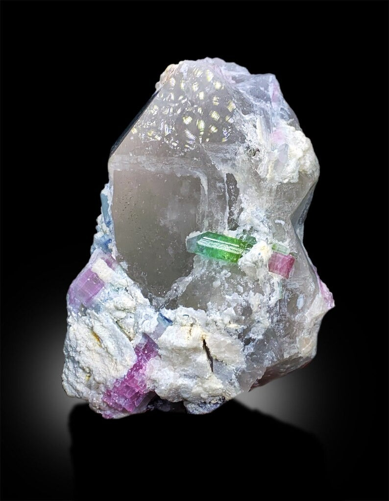 Bicolor Tourmaline Crystals on Quartz, Tourmaline Specimen, Paprok Tourmaline, Tourmaline for sale, Tourmaline with Quartz Crystal, 715 gram