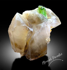 Green Tourmaline Crystal with Smoky Quartz, Natural Tourmaline, Green Color, Mineral Specimen From Paprok 922 Gram
