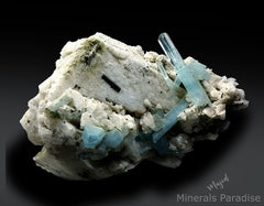 Aquamarine Crystals Cluster with Black Tourmaline on Feldspar, Aquamarine Specimen, Fine Minerals, Aquamarine For Sale 1088 g