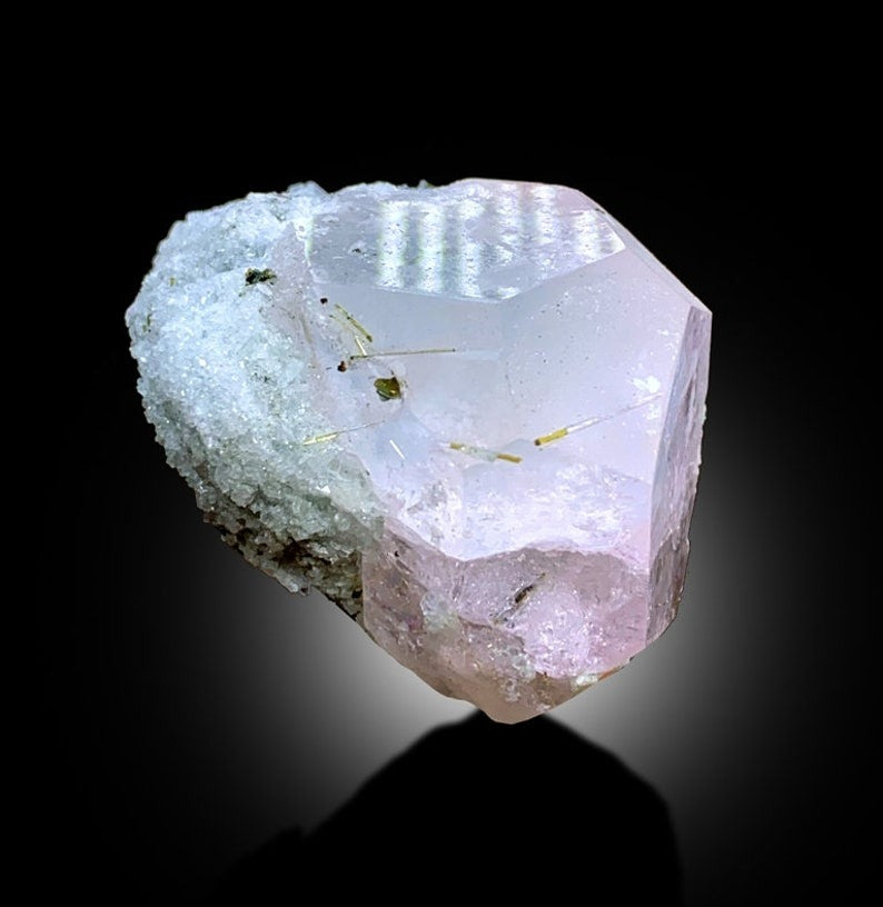 AquaMorganite with Green Tourmalines, Pink Morganite Crystal, Tourmaline Specimen, Mineral Specimen, Pink Morganite with Blue Core, 90 Gram