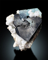 Etched Aquamarine Crystal on Black Tourmaline Schorl and Albite, Aquamarine Minerals, Aquamarine For Sale 179 Gram