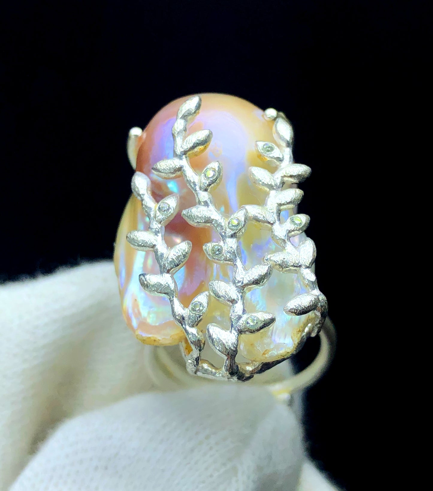 Natural pearl ring adjustable band close-up
June birthstone pearl ring handmade gift