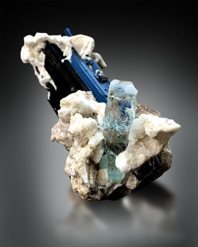 Aquamarine with Apatite on Schorl, Natural Aquamarine, Apatite Stone, Fine Mineral, Raw Gems, Aquamarine Mineral Specimen - 299 Gram