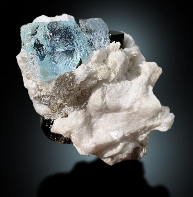 Etched Aquamarine Crystal on Black Tourmaline Schorl and Albite, Aquamarine Minerals, Aquamarine For Sale 179 Gram