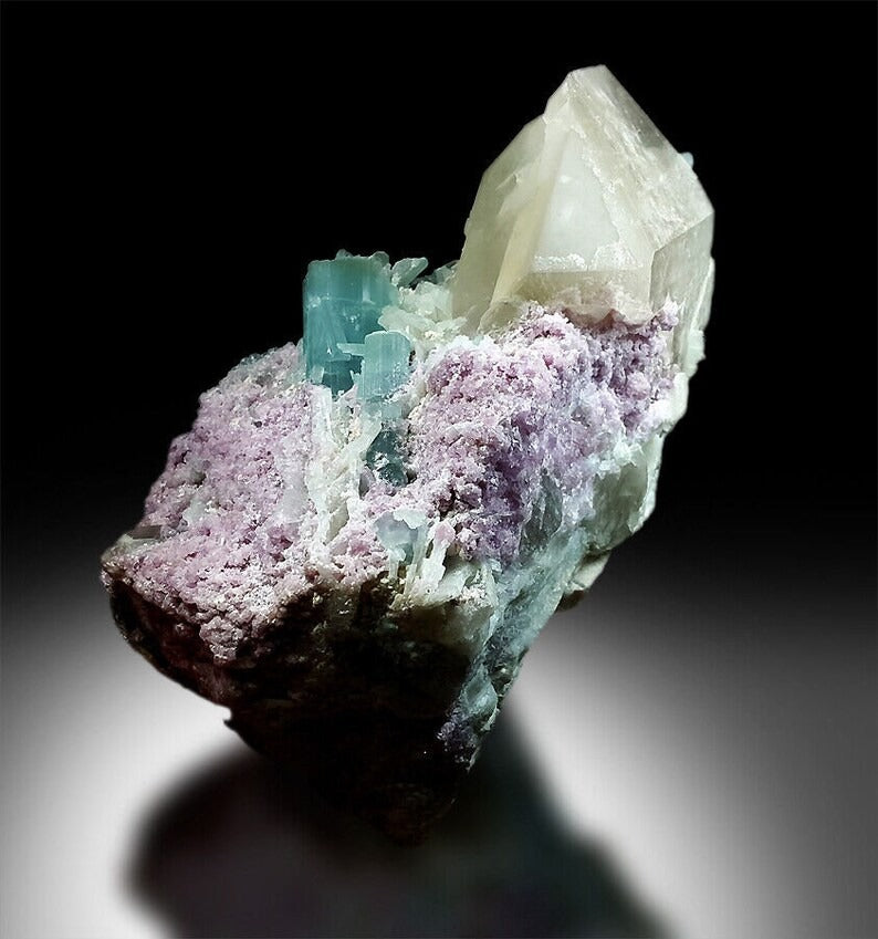 Paraiba Like Tourmalines With Pink Lepidolite and Quartz Mineral Specimen From Afghanistan - 1358 gram