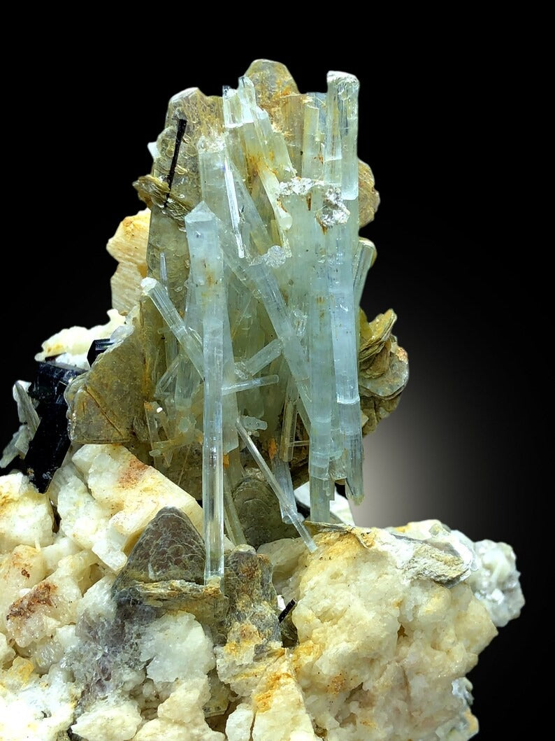 Aquamarine Crystals with Tourmalines Mica and Albite, Natural Aquamarine, Blue Aquamarine, Aquamarine Mineral Specimen 247 Gram
