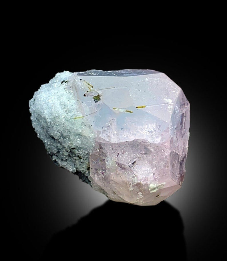 AquaMorganite with Green Tourmalines, Pink Morganite Crystal, Tourmaline Specimen, Mineral Specimen, Pink Morganite with Blue Core, 90 Gram