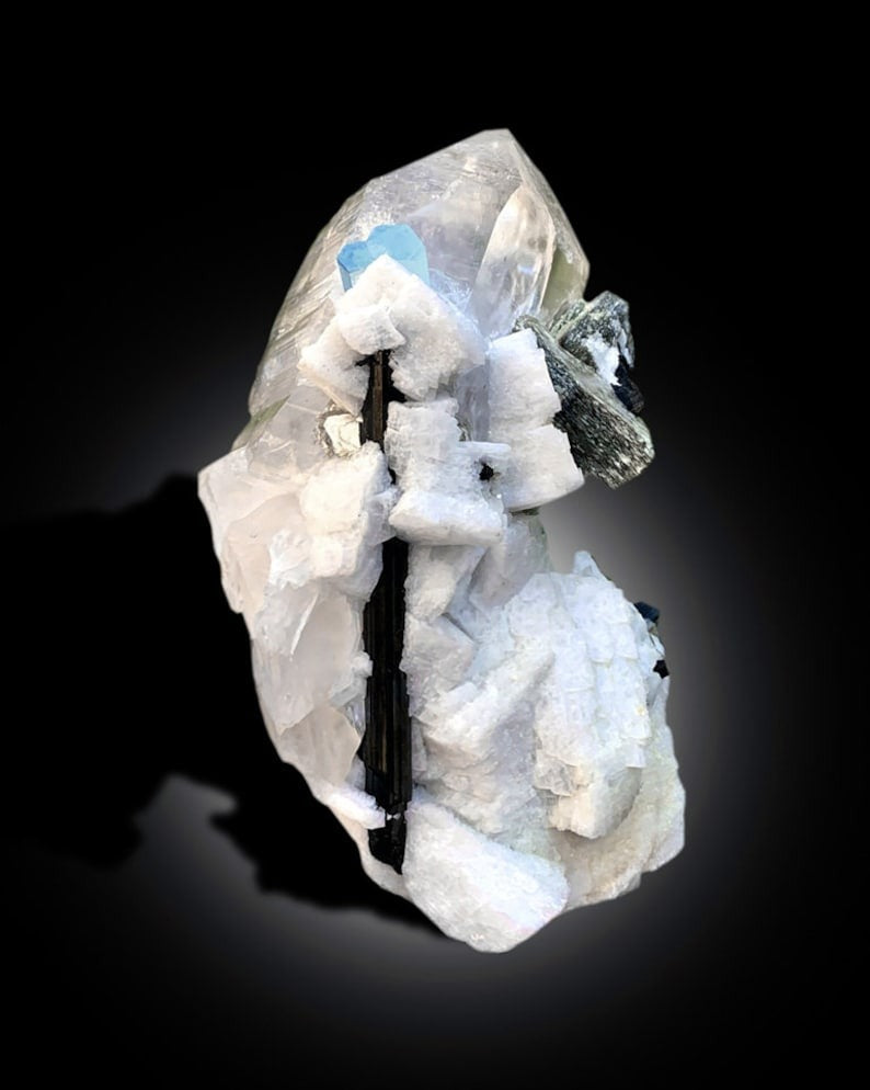 Blue Cap Aquamarine Crystals with Schorl Tourmaline, Quartz Crystals and Feldspar, Aquamarine Specimen, Tourmaline Crystals, 925 gram