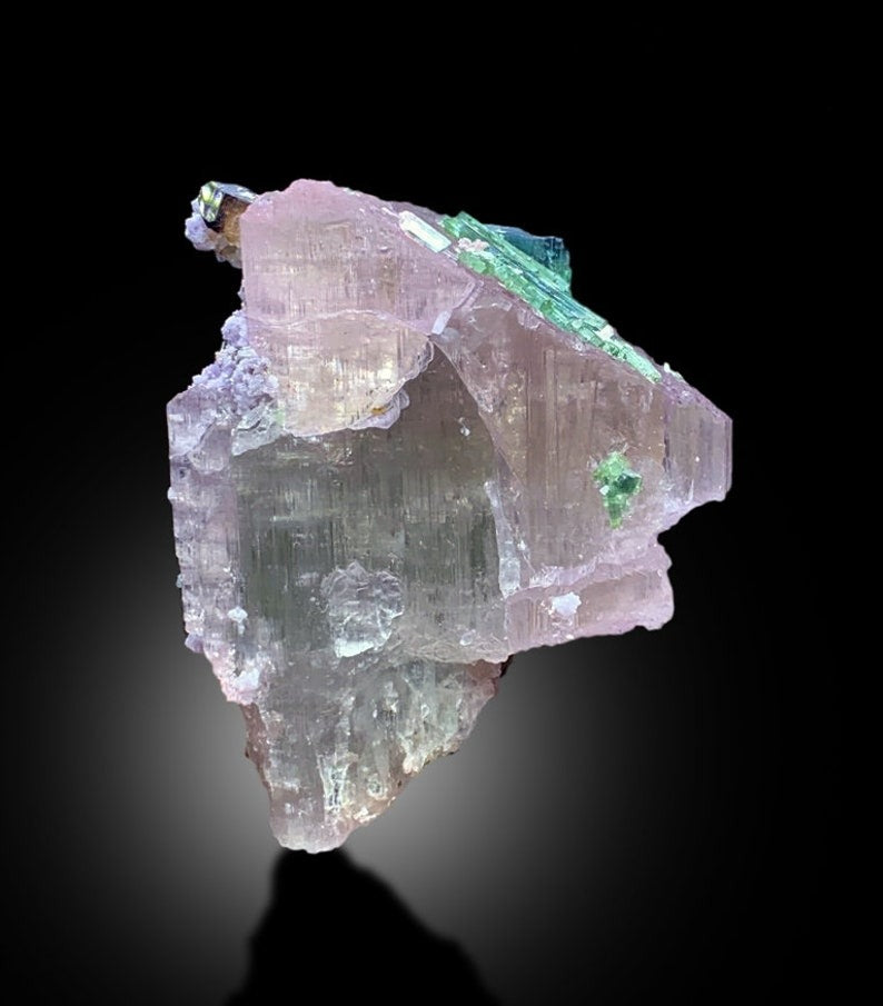 Blue Green Tourmaline Crystals on Pink Kunzite from Afghanistan, 233 gram