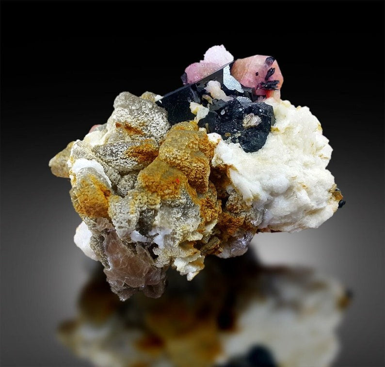 Pink Apatite Crystals with Tantalite , Schorl and Albite Mineral Specimen from Skardu Pakistan, 349 g, 92*82 mm