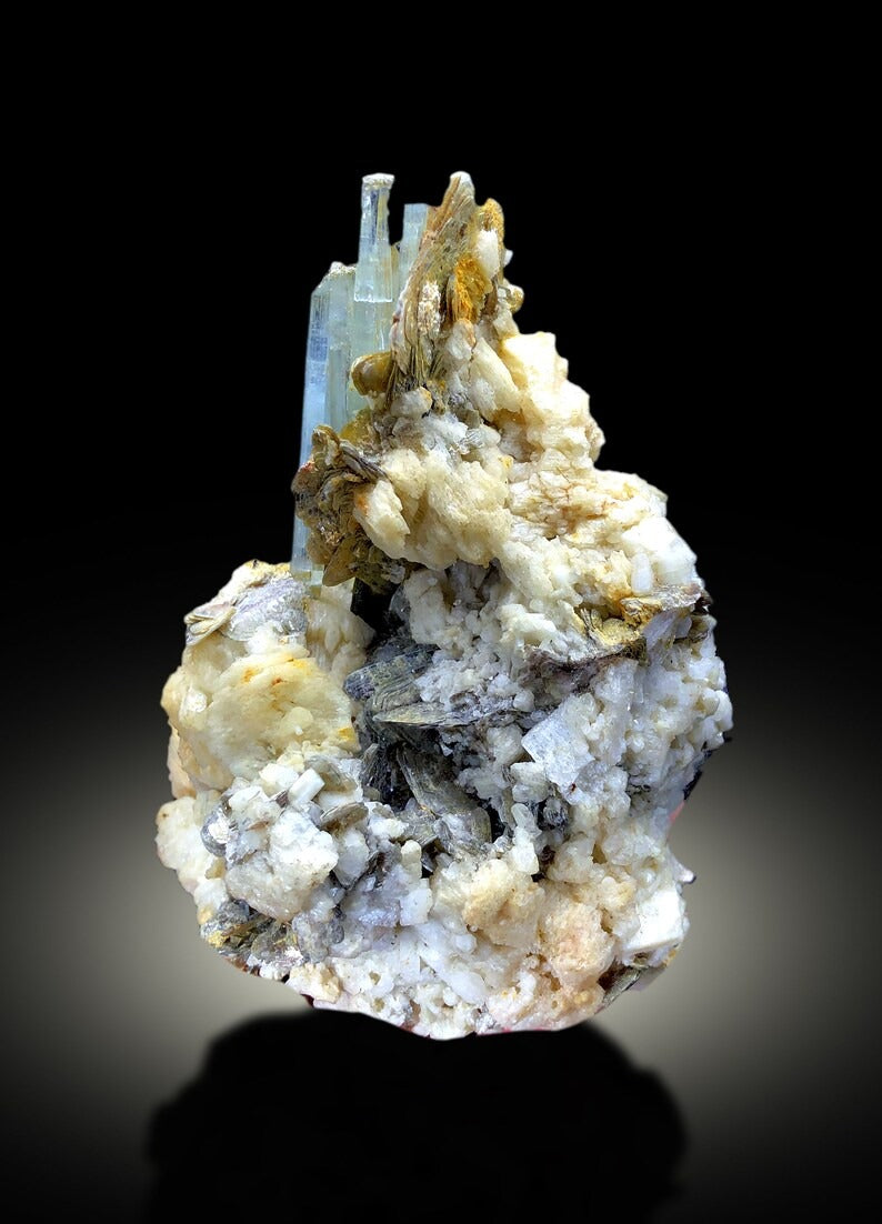 Aquamarine Crystals with Tourmalines Mica and Albite, Natural Aquamarine, Blue Aquamarine, Aquamarine Mineral Specimen 247 Gram