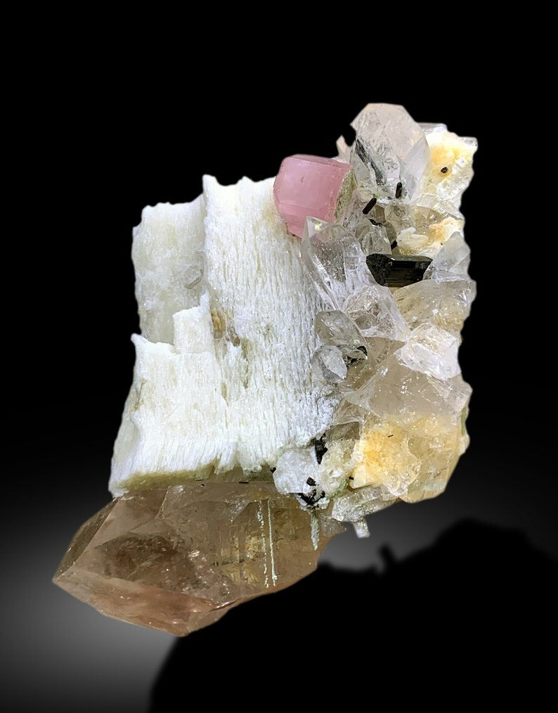 Natural Pink Color Apatite with Smoky Quartz, Black Tourmalines and Feldspar, Mineral Specimen, Raw Mineral, Apatite Specimen - 762 gram