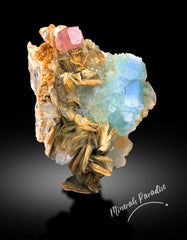 AQUAMARINE CRYSTALS CLUSTER WITH PINK APATITE AND MUSCOVITE MICA MINERAL SPECIMEN FROM CHUMAR BAKHOOR - 986 G