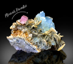 AQUAMARINE CRYSTALS CLUSTER WITH PINK APATITE AND MUSCOVITE MICA MINERAL SPECIMEN FROM CHUMAR BAKHOOR - 986 G