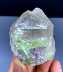 Green Tourmaline Crystals with Lepidolite on Quartz from Afghanistan - 132 gram