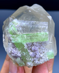 Green Tourmaline Crystals with Lepidolite on Quartz from Afghanistan - 132 gram