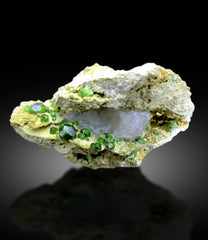Lush Green Demantoid Garnet Crystals with Calcite on Matrix, Demantoid Garnet Specimen - 128 gram
