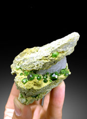 Lush Green Demantoid Garnet Crystals with Calcite on Matrix, Demantoid Garnet Specimen - 128 gram