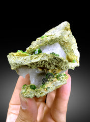 Lush Green Demantoid Garnet Crystals with Calcite on Matrix, Demantoid Garnet Specimen - 128 gram