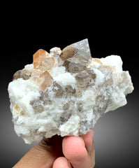 Rich Golden Color Topaz Crystals with Smoky Quartz and White Albite from Skardu Pakistan - 347 gram