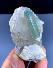 Bluish Green Tourmaline Crystals on Quartz from Afghanistan - 78 gram