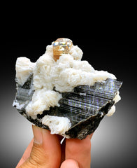 Rich Golden Color Topaz with Cleavelandite Albite and Schorl Black Tourmaline from Skardu Pakistan - 255 gram
