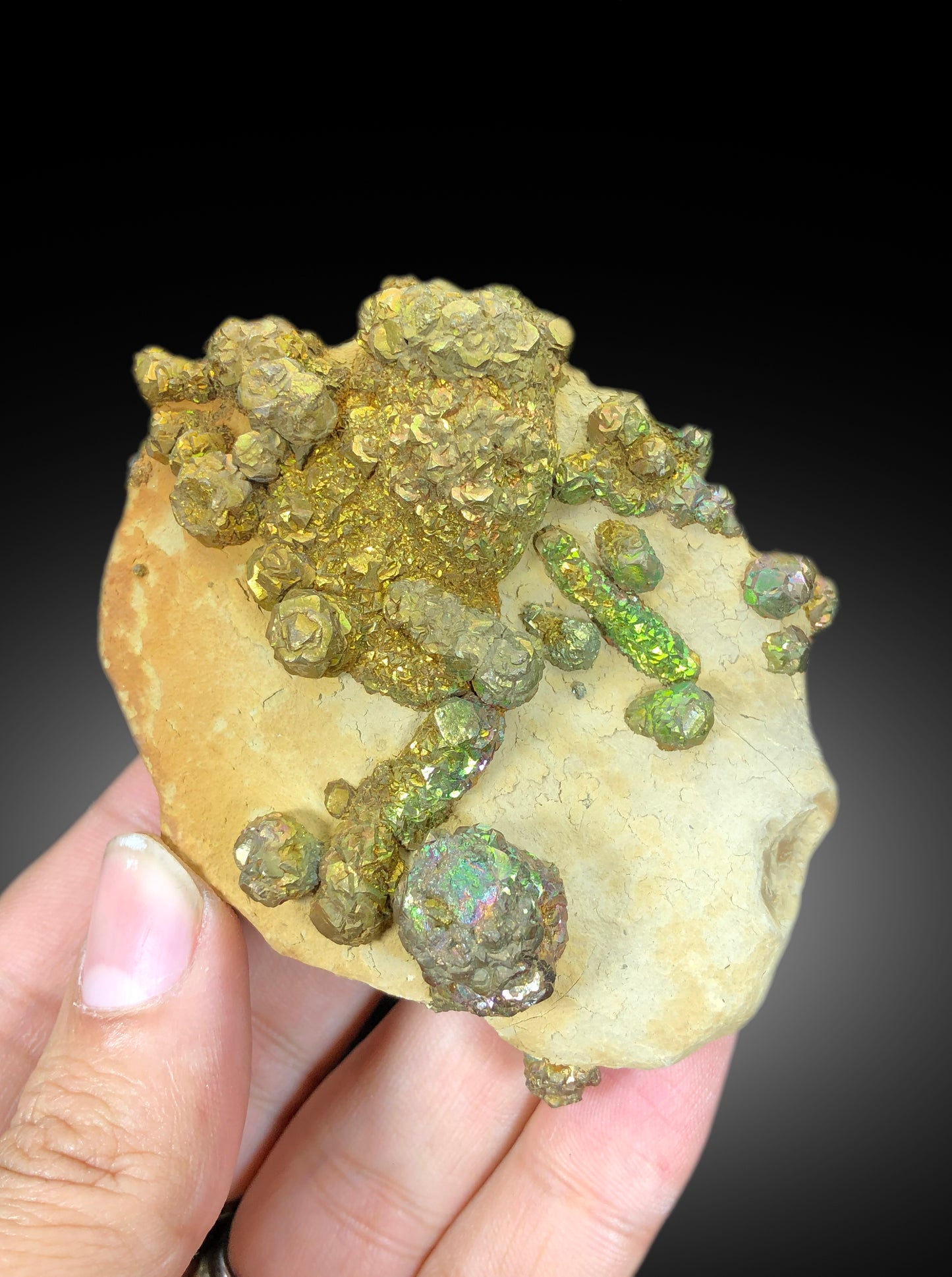 Natural Rainbow Color Pyrite on Yellow Limonite, Pyrite Crystals, Raw Mineral, Pyrite Specimen - 206 gram