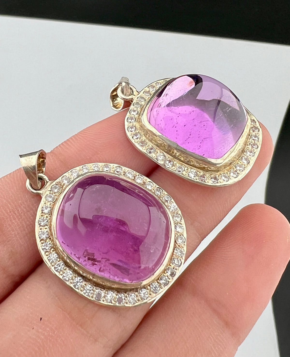 Natural Pink Kunzite Cabochon Pendants with White Zircon Halo – Gold Tone Jewelry