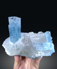 Blue Aquamarine Crystals on Quartz with Schorl Spray from Shigar valley Pakistan - 1066 grams