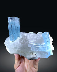 Blue Aquamarine Crystals on Quartz with Schorl Spray from Shigar valley Pakistan - 1066 grams