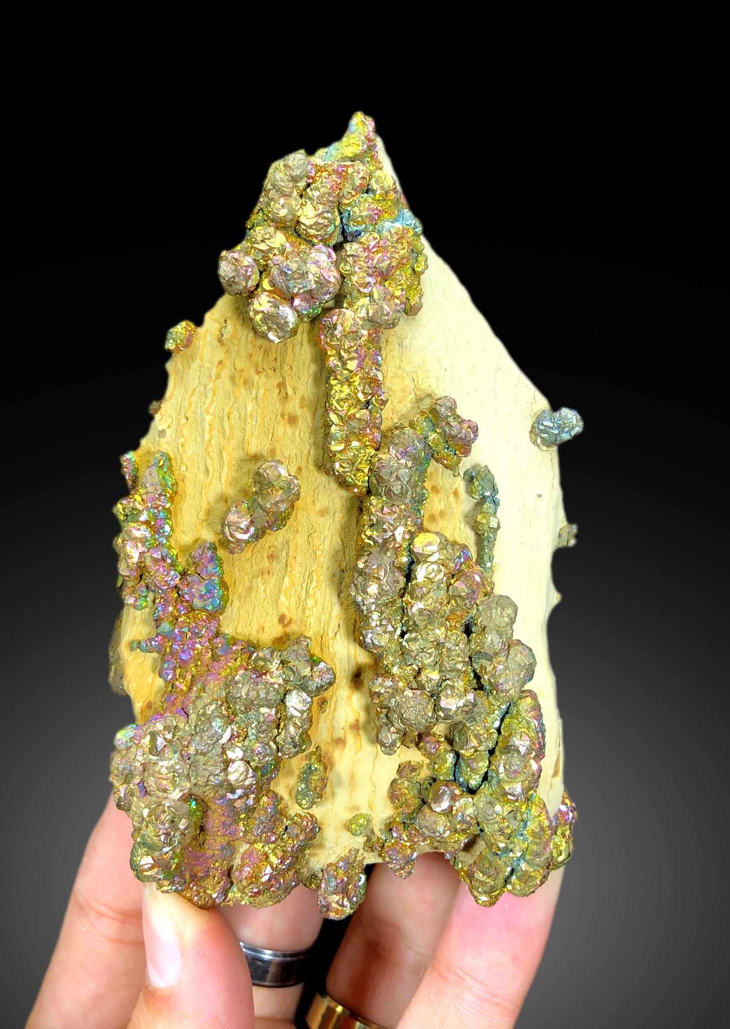 Natural Rainbow Color Pyrite on Yellow Limonite, Pyrite Crystals, Raw Mineral, Pyrite Specimen - 460 gram