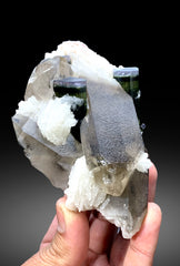 Tourmaline Crystals on Smoky Quartz, Tourmaline Specimen with Albite, Purple Cap Tourmaline, Tricolor Tourmaline, Paprok Tourmaline, 398 g