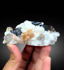 Natural Topaz Crystals with Schorl Black Tourmalines, Quartz and Cleavelandite Albite, Topaz Specimen - 240 gram