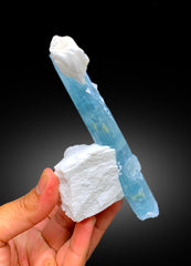 Natural Sky Blue Aquamarine Crystal with Schorl Black Tourmaline and Feldspar, Aquamarine Specimen, Aquamarine from Shigar Pakistan - 249 g