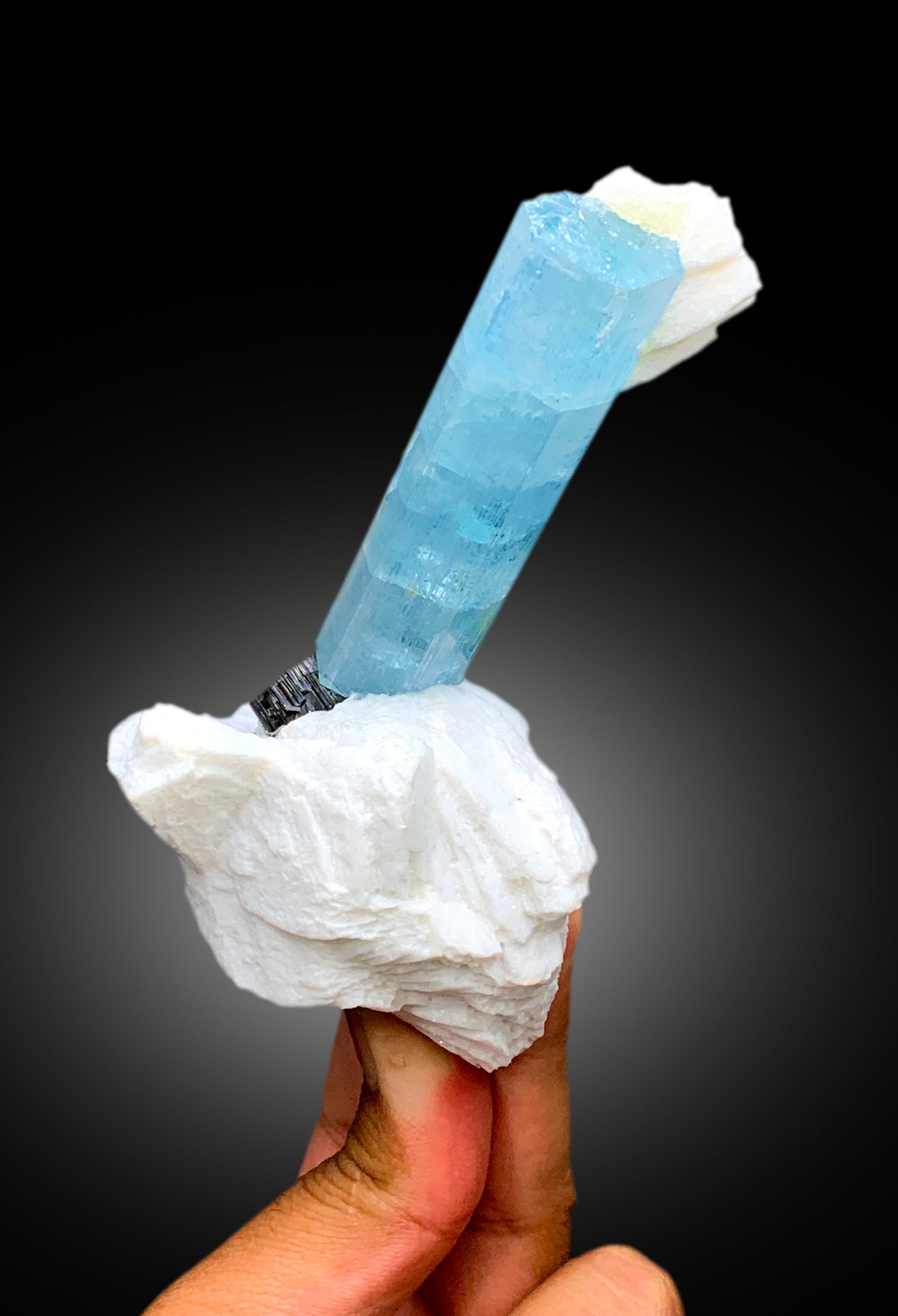 Natural Sky Blue Aquamarine Crystal with Schorl Black Tourmaline and Feldspar, Aquamarine Specimen, Aquamarine from Shigar Pakistan - 249 g