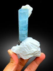 Natural Sky Blue Aquamarine Crystal with Schorl Black Tourmaline and Feldspar, Aquamarine Specimen, Aquamarine from Shigar Pakistan - 249 g