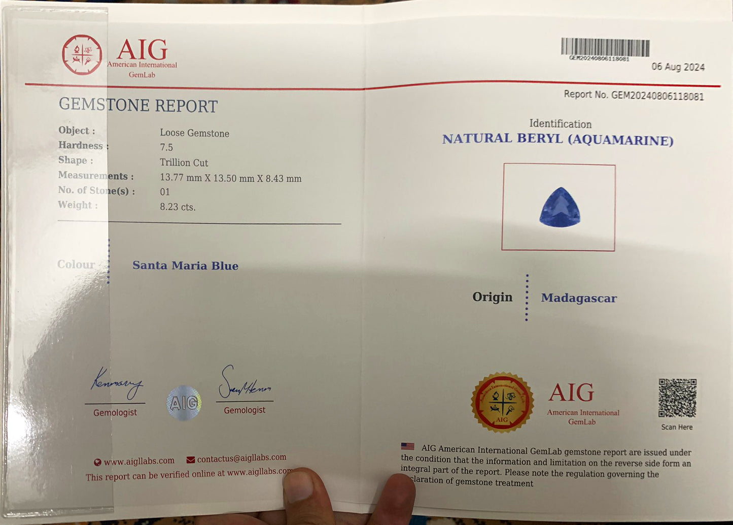 AIG Certified Santa Maria Aquamarine Gemstone For Jewelry, Vivid Blue Aquamarine Stone