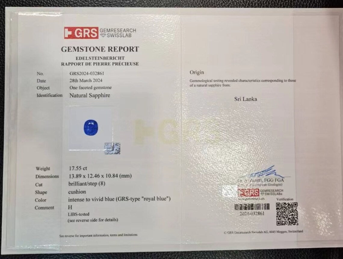 Natural GRS Certified Blue Sapphire Gemstone ,GRS Certified Royal Blue Sapphire Perfect Cushion Cut for engagement Ring 17.55 carts