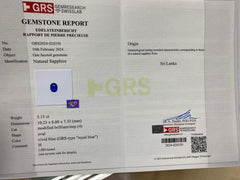 GRS Certified Royal Blue Sapphire Perfect Oval Cut for engagement Ring 5.13 carts