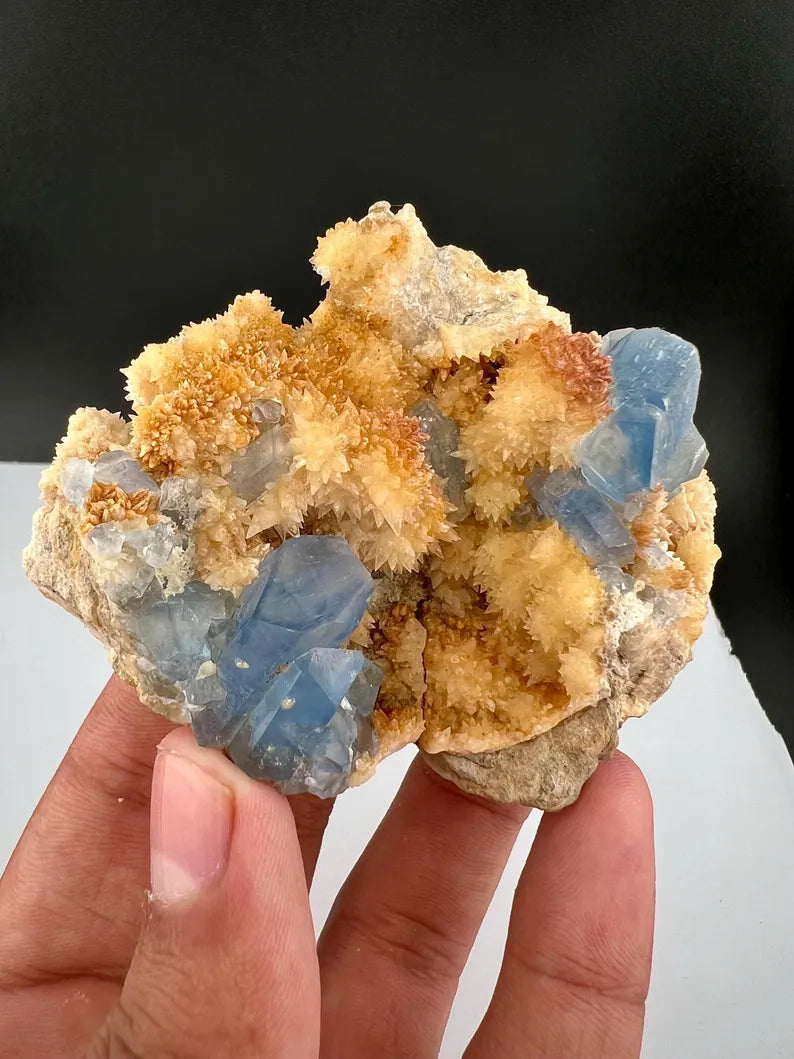 Blue Celetine Crystals with Yellow Calcite from Afghanistan - 170 Grams