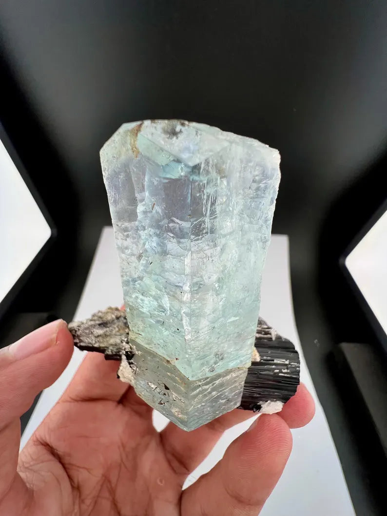 Blue Aquamarine Crystal on Schorl Tourmaline from Skardu Pakistan - 121 Grams